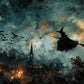 Midnight Broomflight full artwork. A witch on a broom crosses a turbulent teal sky above a village glowing with scattered amber lights.