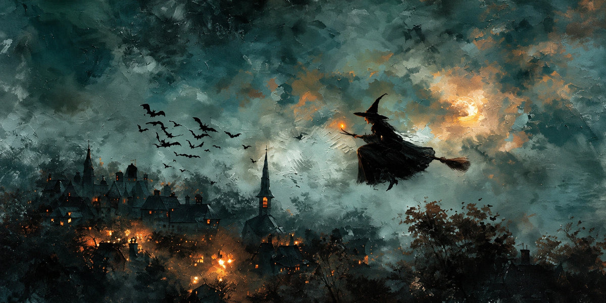 Midnight Broomflight full artwork. A witch on a broom crosses a turbulent teal sky above a village glowing with scattered amber lights.