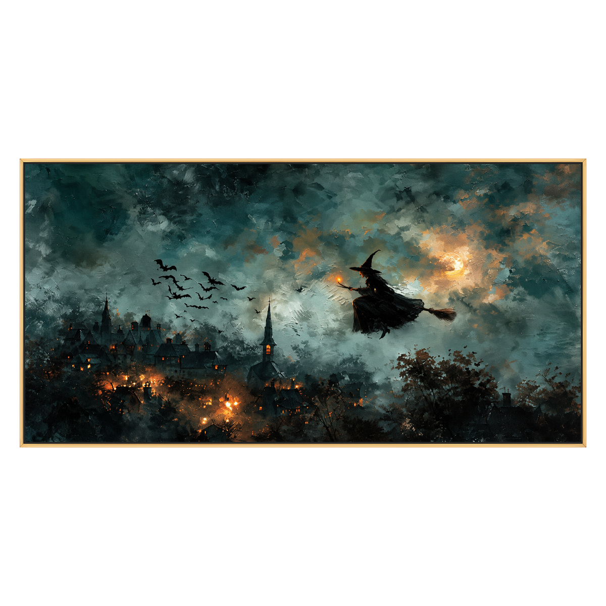 Midnight Broomflight artwork in a gold frame on a transparent background.