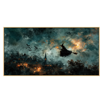 Midnight Broomflight artwork in a gold frame on a transparent background.