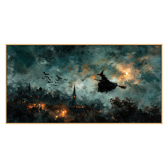Midnight Broomflight artwork in a gold frame on a transparent background.