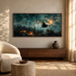Midnight Broomflight artwork displayed above a wooden sideboard near a cream chair.