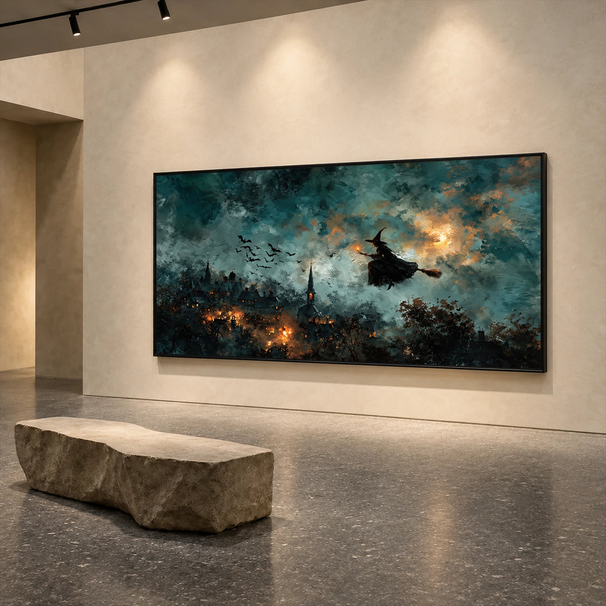 Midnight Broomflight artwork displayed above a stone bench in a gallery.