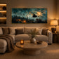 Midnight Broomflight artwork displayed above a sofa in a warmly lit lounge.