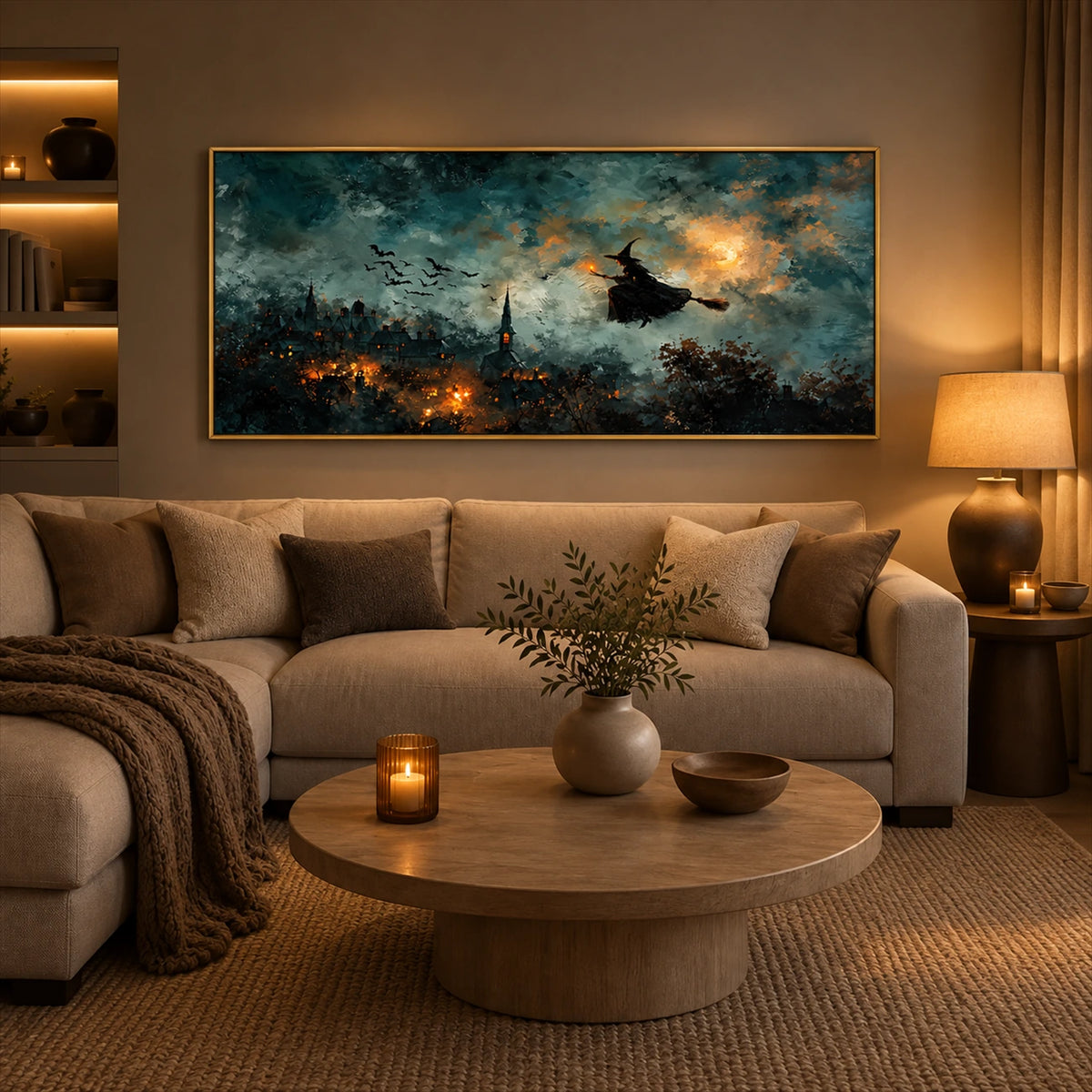 Midnight Broomflight artwork displayed above a sofa in a warmly lit lounge.