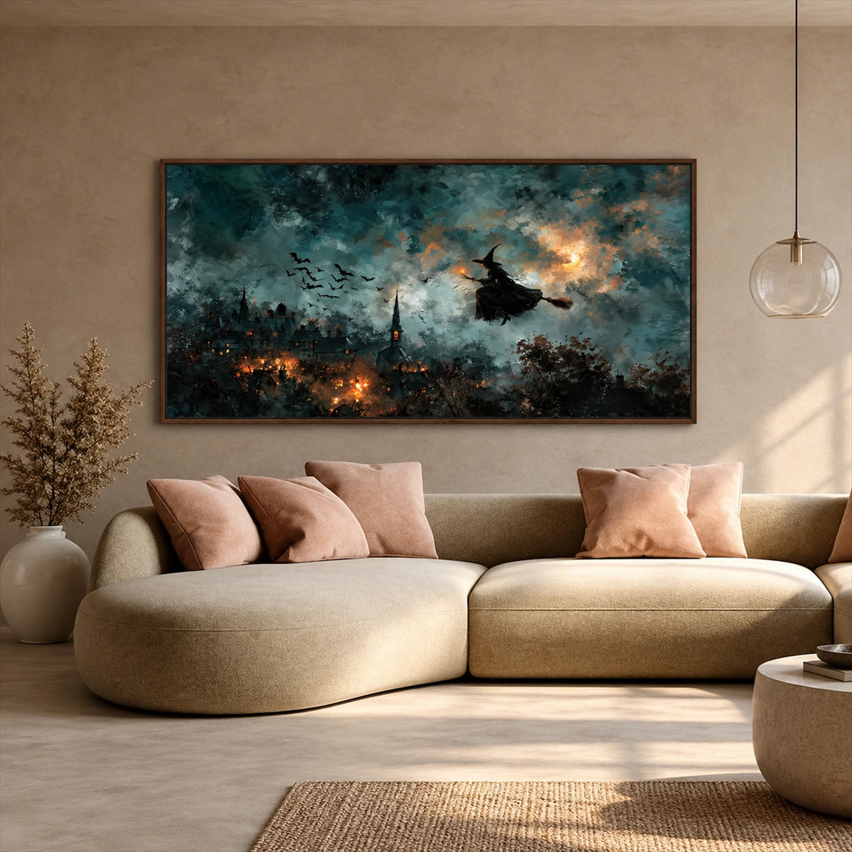 Midnight Broomflight artwork displayed above a curved neutral sofa.