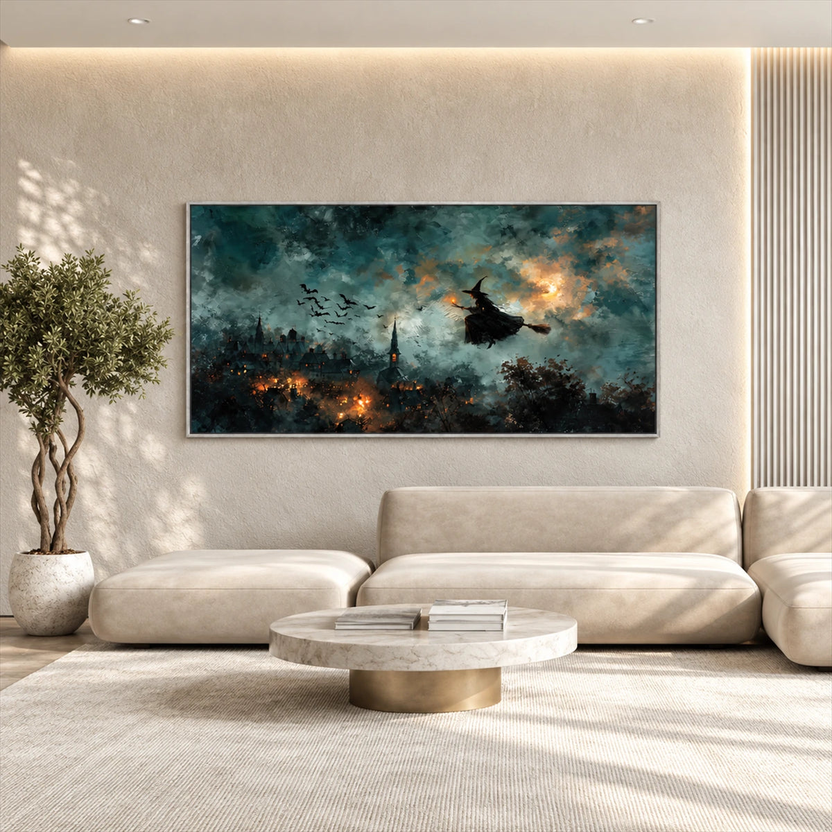 Midnight Broomflight artwork displayed above a low white sectional.