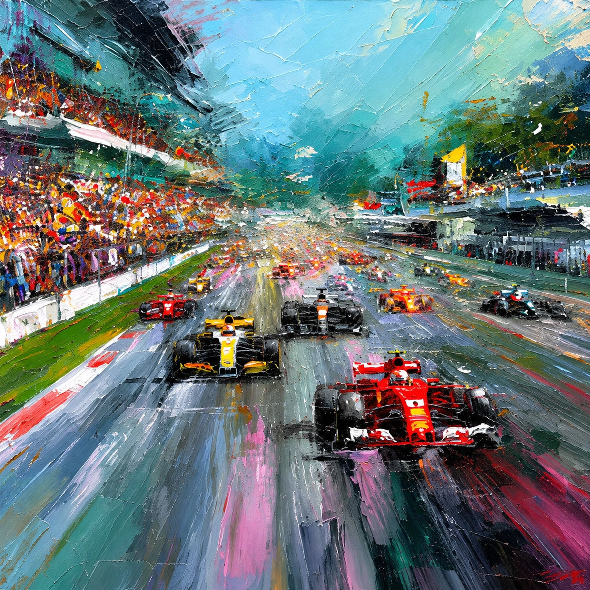 Grand Prix Rush full artwork. Open-wheel racing cars surge down a bright circuit beneath a broad blue sky, with grandstands and trackside color streaking into the distance.