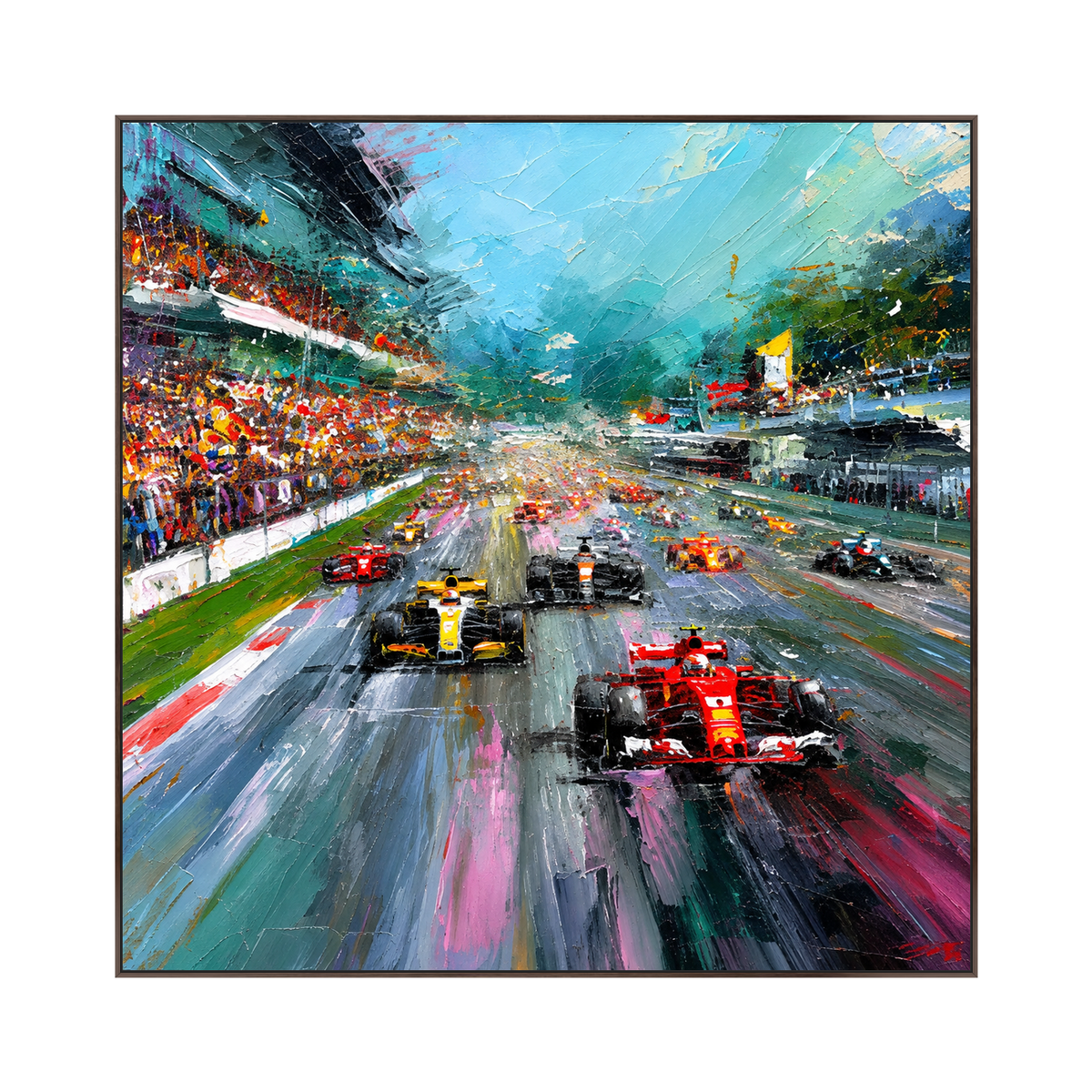 Grand Prix Rush artwork in a dark wood frame on a transparent background.