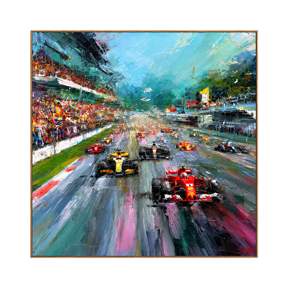 Grand Prix Rush artwork in a natural wood frame on a transparent background.