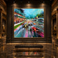 Grand Prix Rush artwork displayed above a bench in a dark paneled gallery.