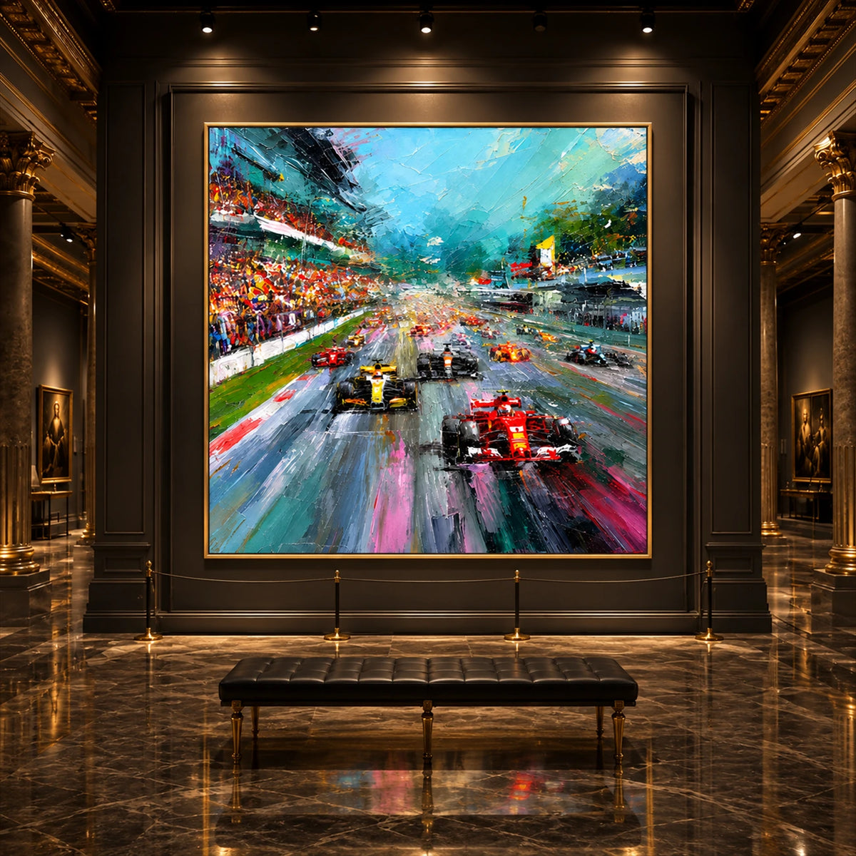 Grand Prix Rush artwork displayed above a bench in a dark paneled gallery.