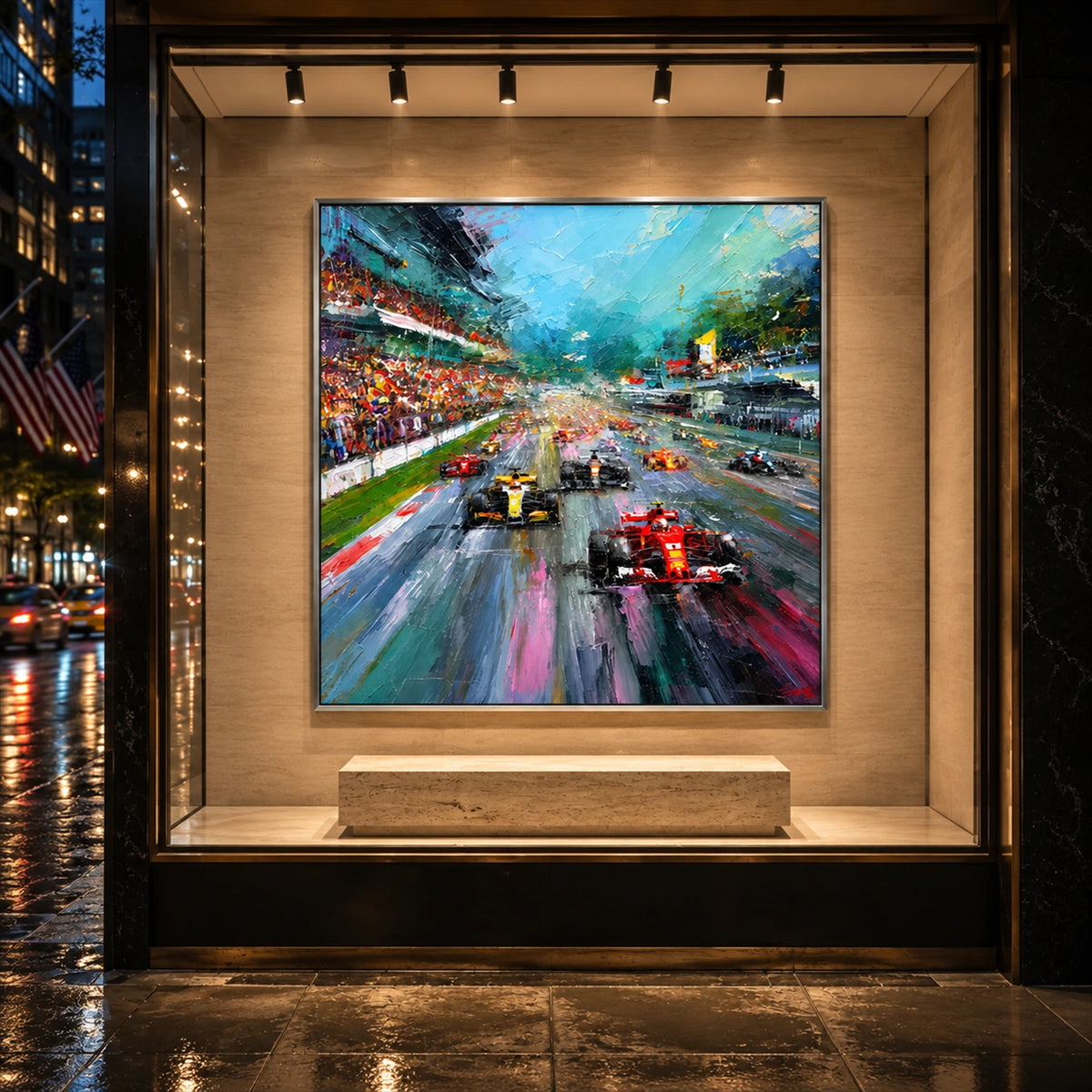 Grand Prix Rush artwork displayed above a stone bench in a lit alcove.