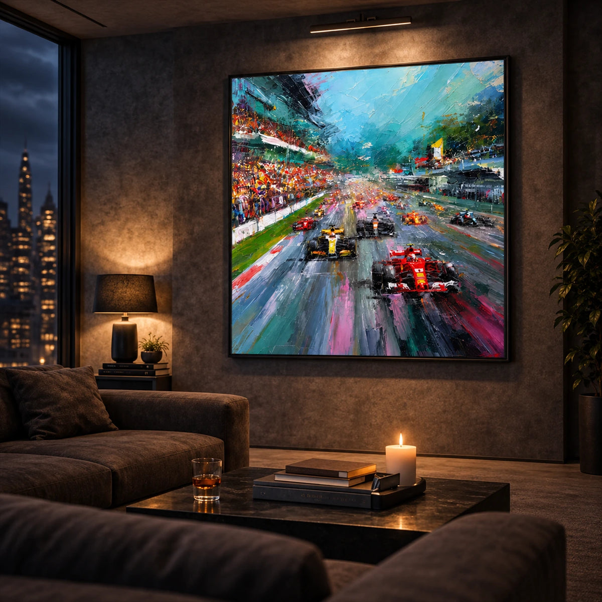 Grand Prix Rush artwork displayed above lounge seating beside a candlelit table.