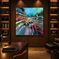 Grand Prix Rush artwork displayed above a desk beside illuminated shelves.