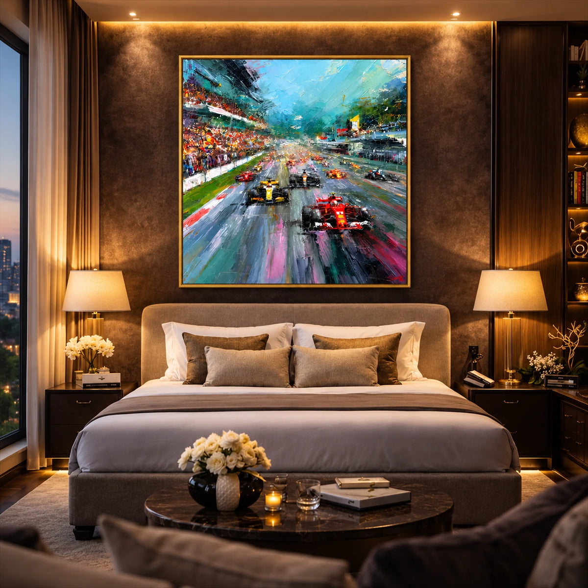 Grand Prix Rush artwork displayed above a bed between bedside lamps.