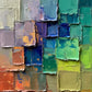 Chromatic Tiles full artwork. Overlapping blocks of teal, cobalt, lilac, lime, and rust build a layered vertical mosaic.