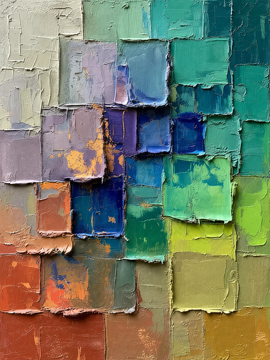 Chromatic Tiles full artwork. Overlapping blocks of teal, cobalt, lilac, lime, and rust build a layered vertical mosaic.