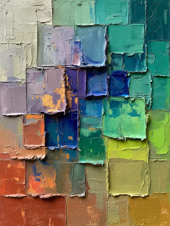 Chromatic Tiles full artwork. Overlapping blocks of teal, cobalt, lilac, lime, and rust build a layered vertical mosaic.