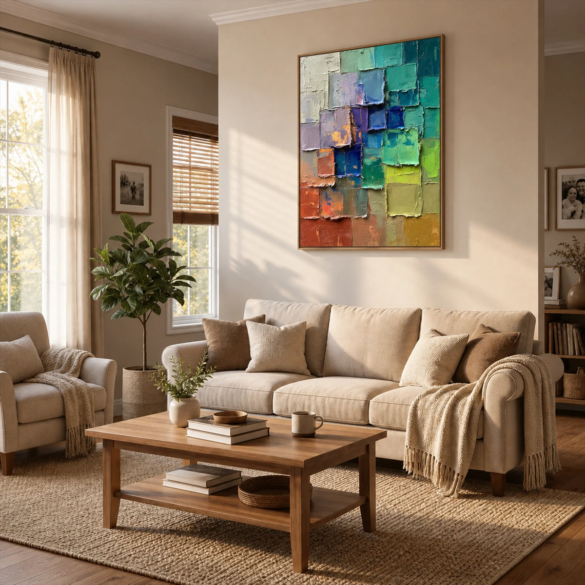 Chromatic Tiles artwork displayed above a cream sofa and wooden coffee table.