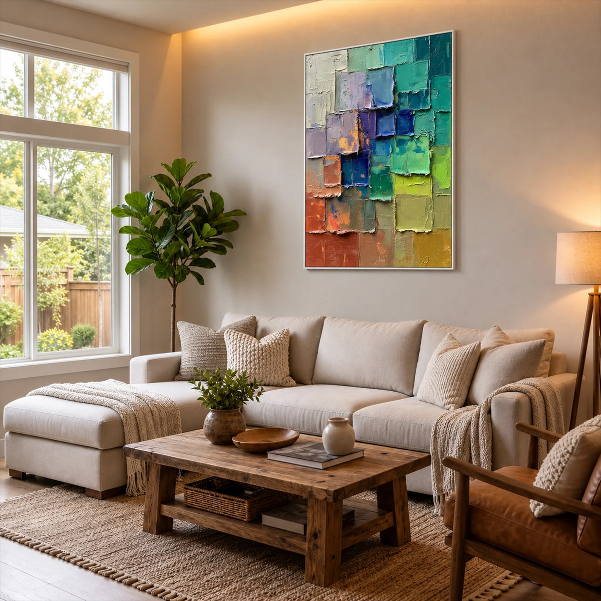 Chromatic Tiles artwork displayed above a cream sectional beside large windows.