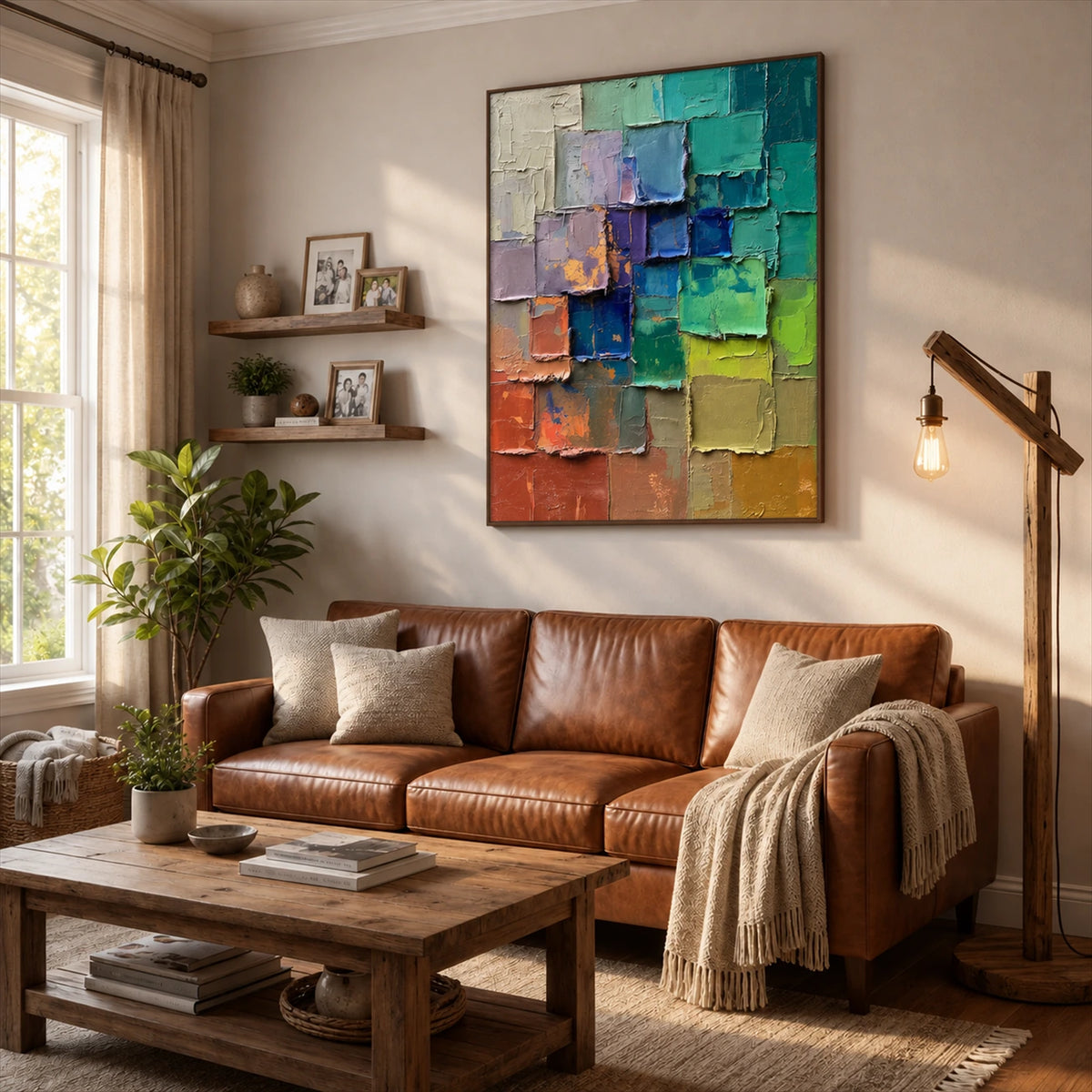 Chromatic Tiles artwork displayed above a brown leather sofa.