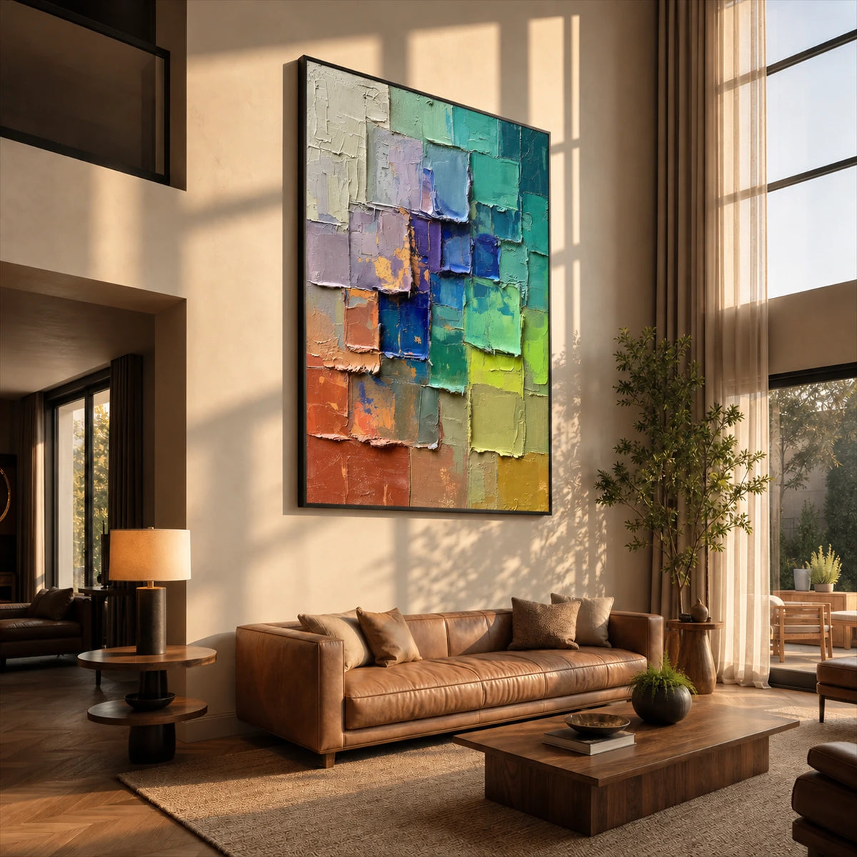 Chromatic Tiles artwork displayed above a brown sofa in a tall living room.