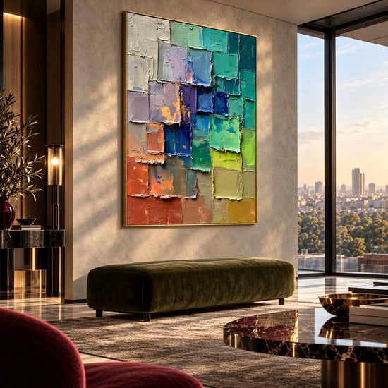 Chromatic Tiles artwork displayed above a green bench beside city-view windows.
