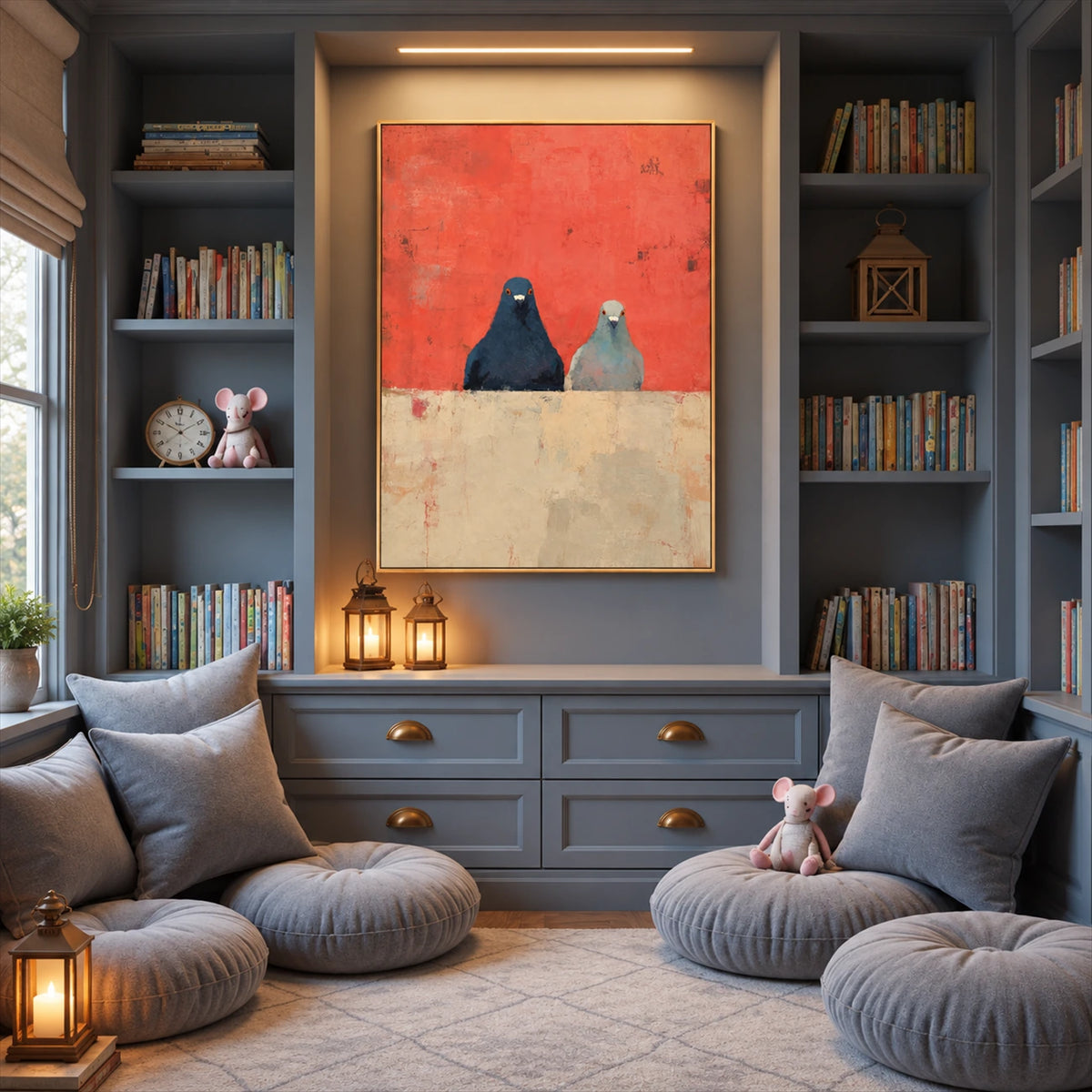 Coral Companions artwork displayed above floor cushions between bookshelves.