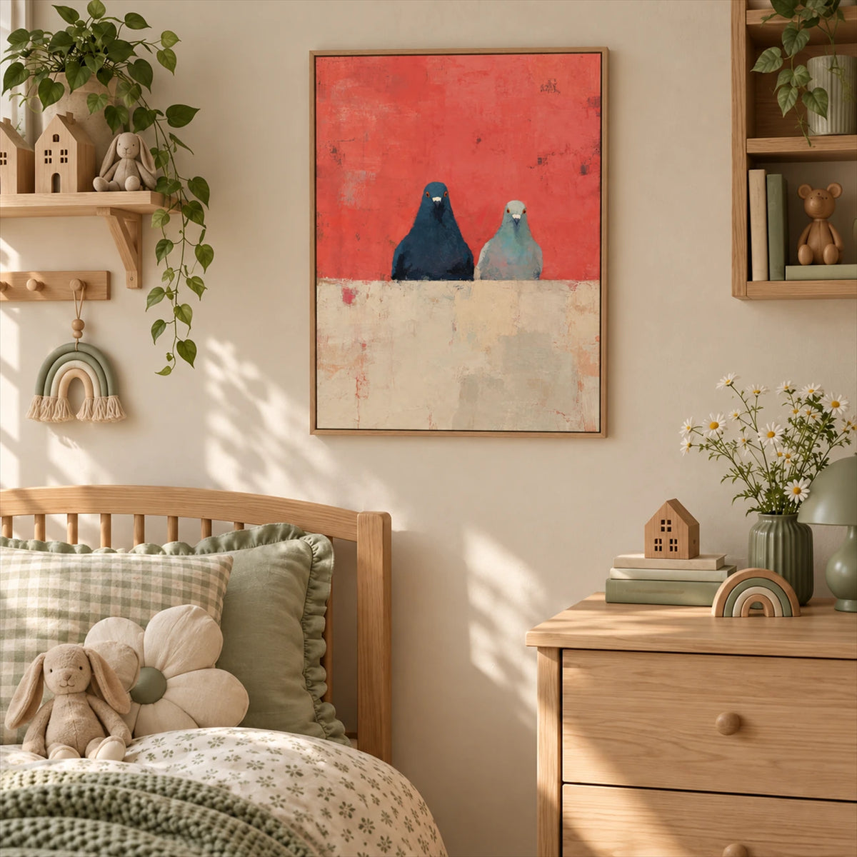 Coral Companions artwork displayed above a wooden bed with green bedding.