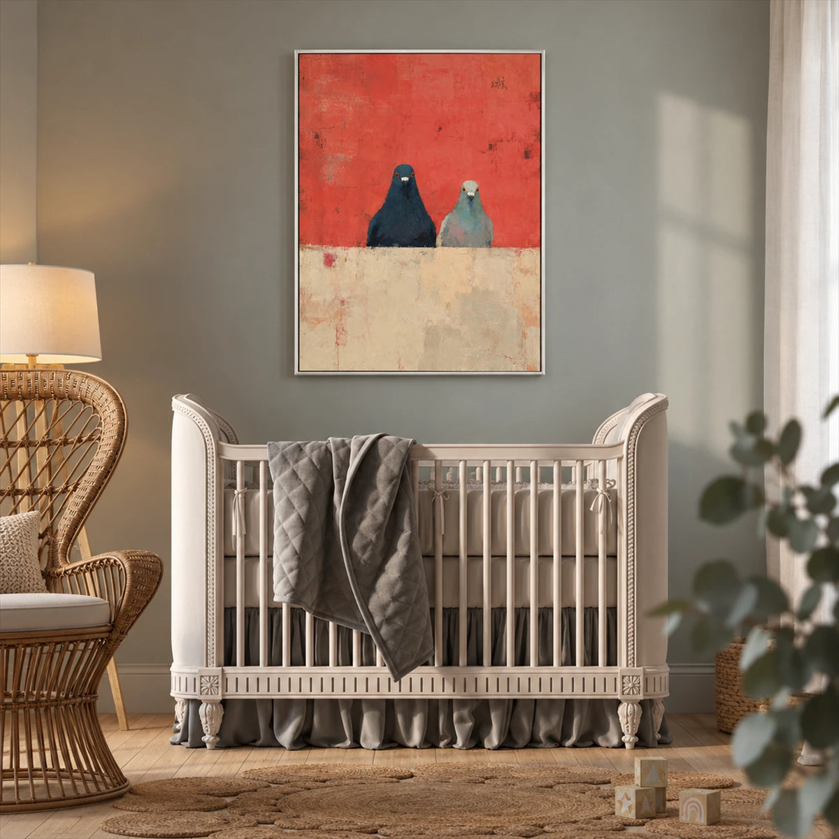 Coral Companions artwork displayed above a pale crib.