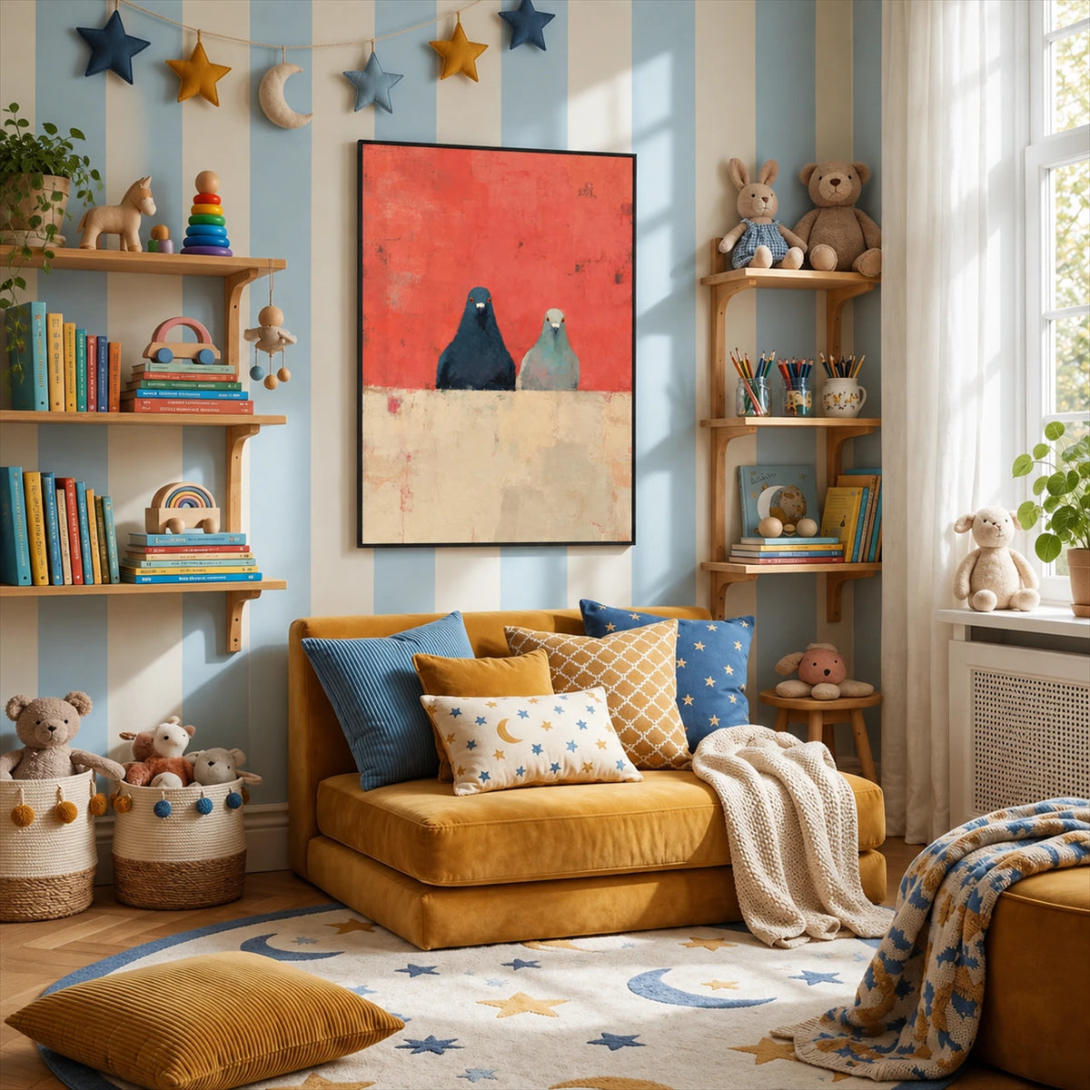 Coral Companions artwork displayed above a mustard reading chair.
