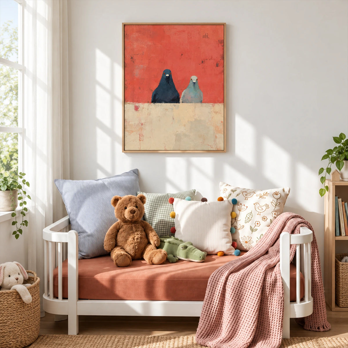 Coral Companions artwork displayed above a small daybed with stuffed toys.