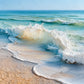 Sunwashed Breakers full artwork. Sunlit waves curl onto a pale sandy shore beneath a clear blue sky.