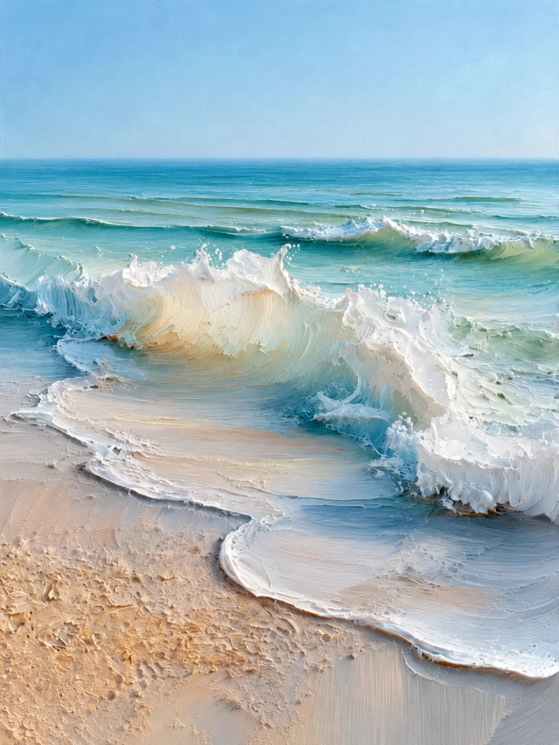 Sunwashed Breakers full artwork. Sunlit waves curl onto a pale sandy shore beneath a clear blue sky.
