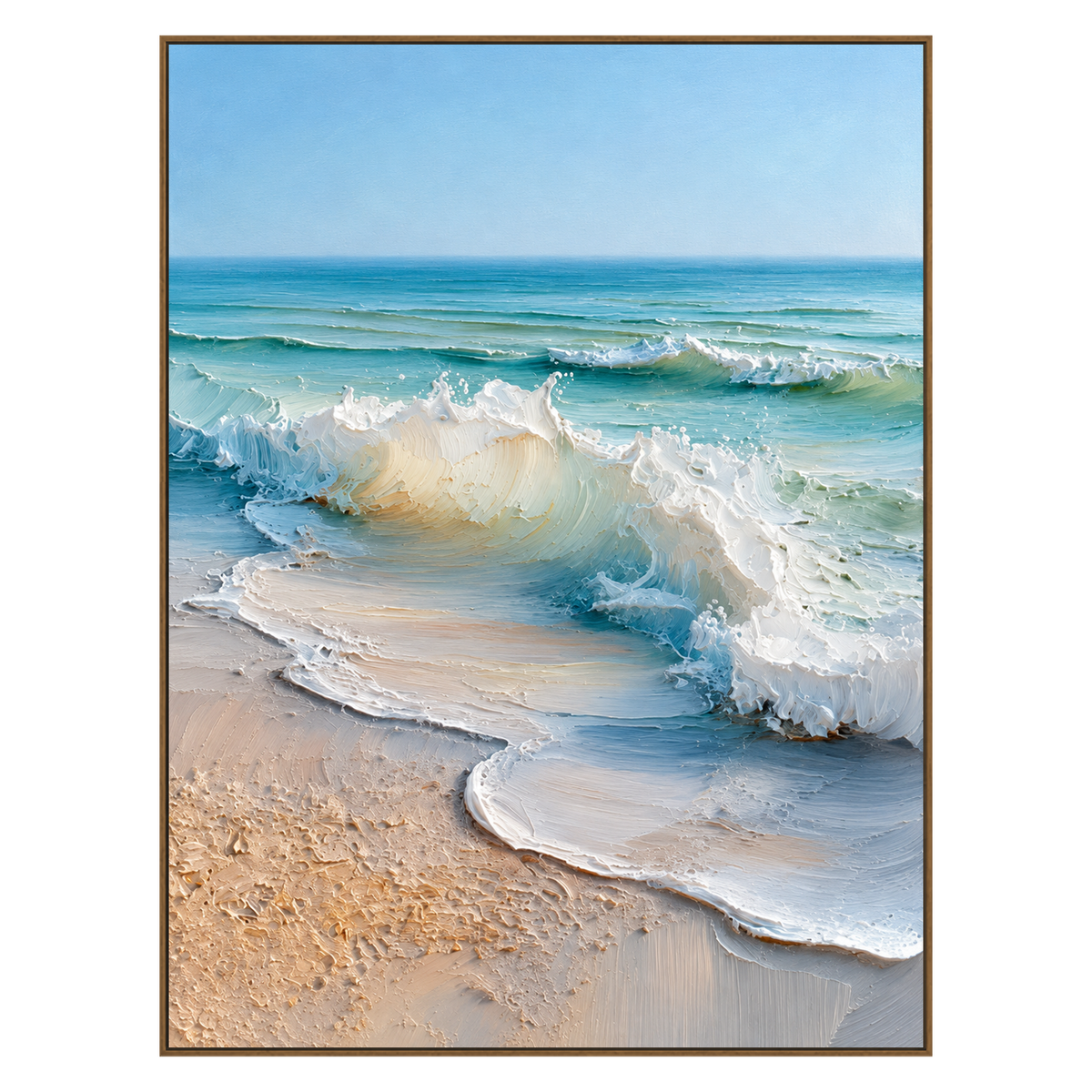 Sunwashed Breakers artwork in a natural wood frame on a transparent background.