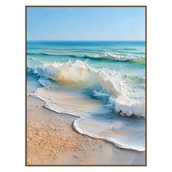 Sunwashed Breakers artwork in a natural wood frame on a transparent background.