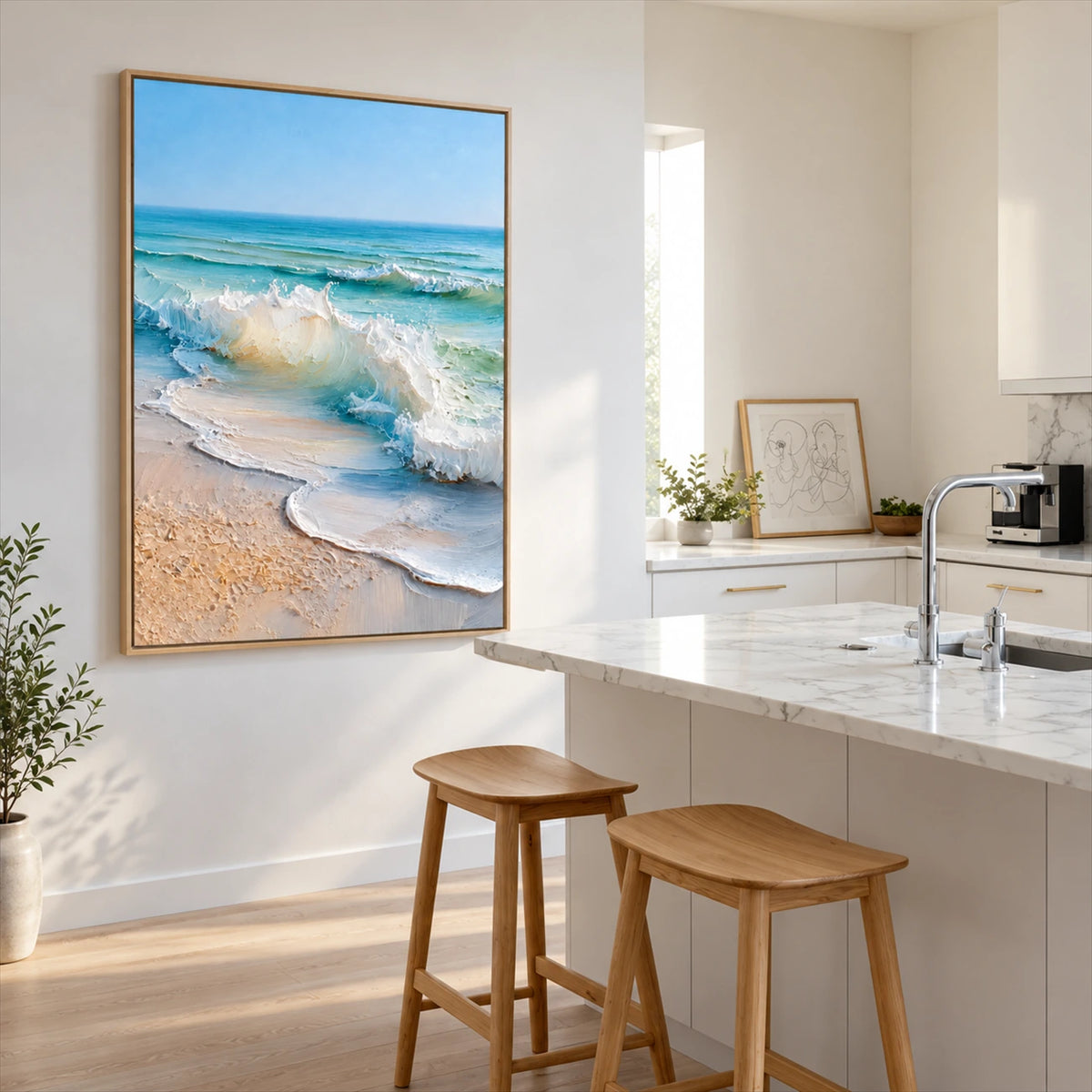 Sunwashed Breakers artwork displayed beside a kitchen counter and wooden stools.