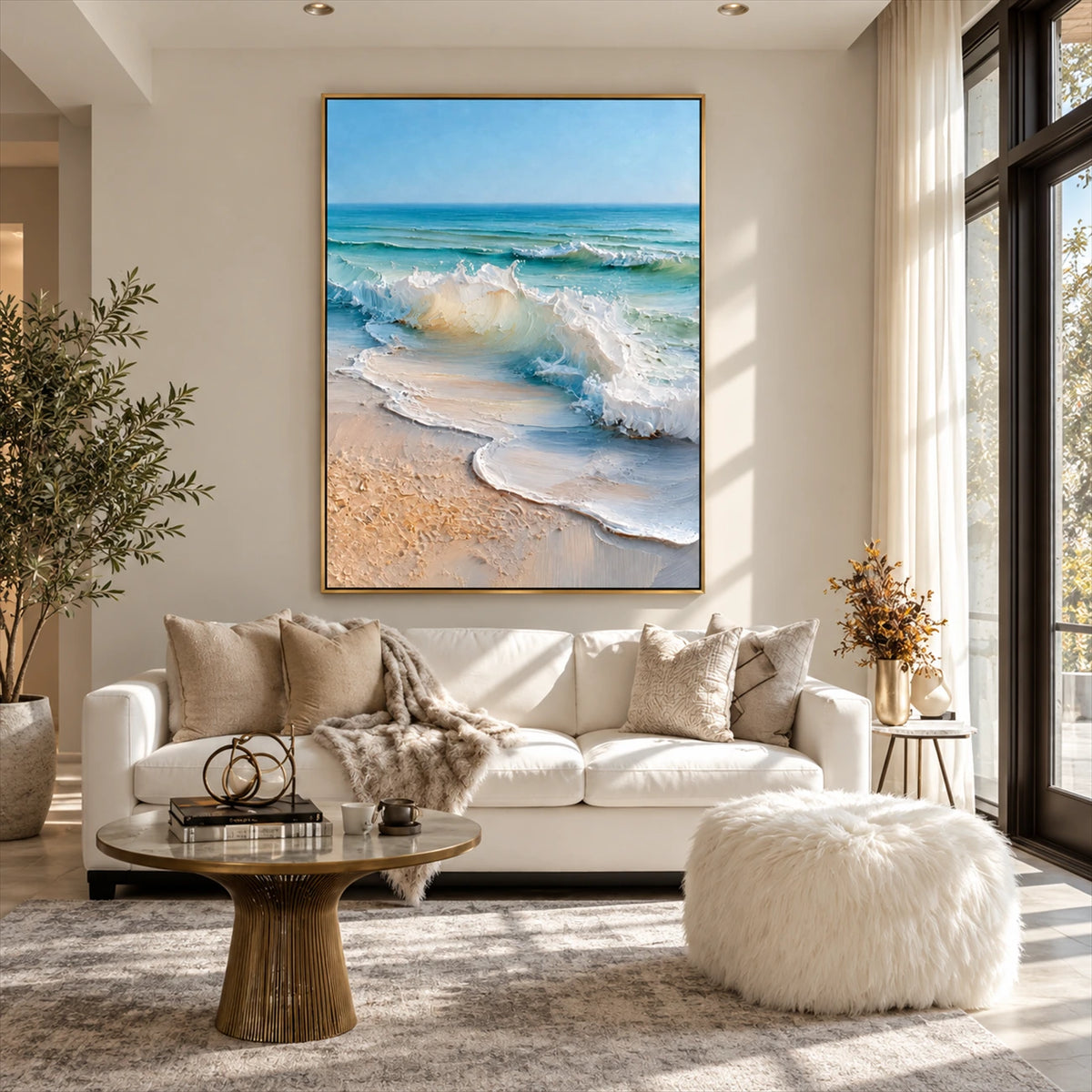 Sunwashed Breakers artwork displayed above a white sofa.