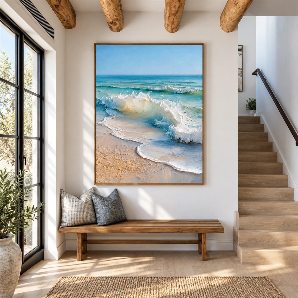 Sunwashed Breakers artwork displayed above a bench near a staircase.