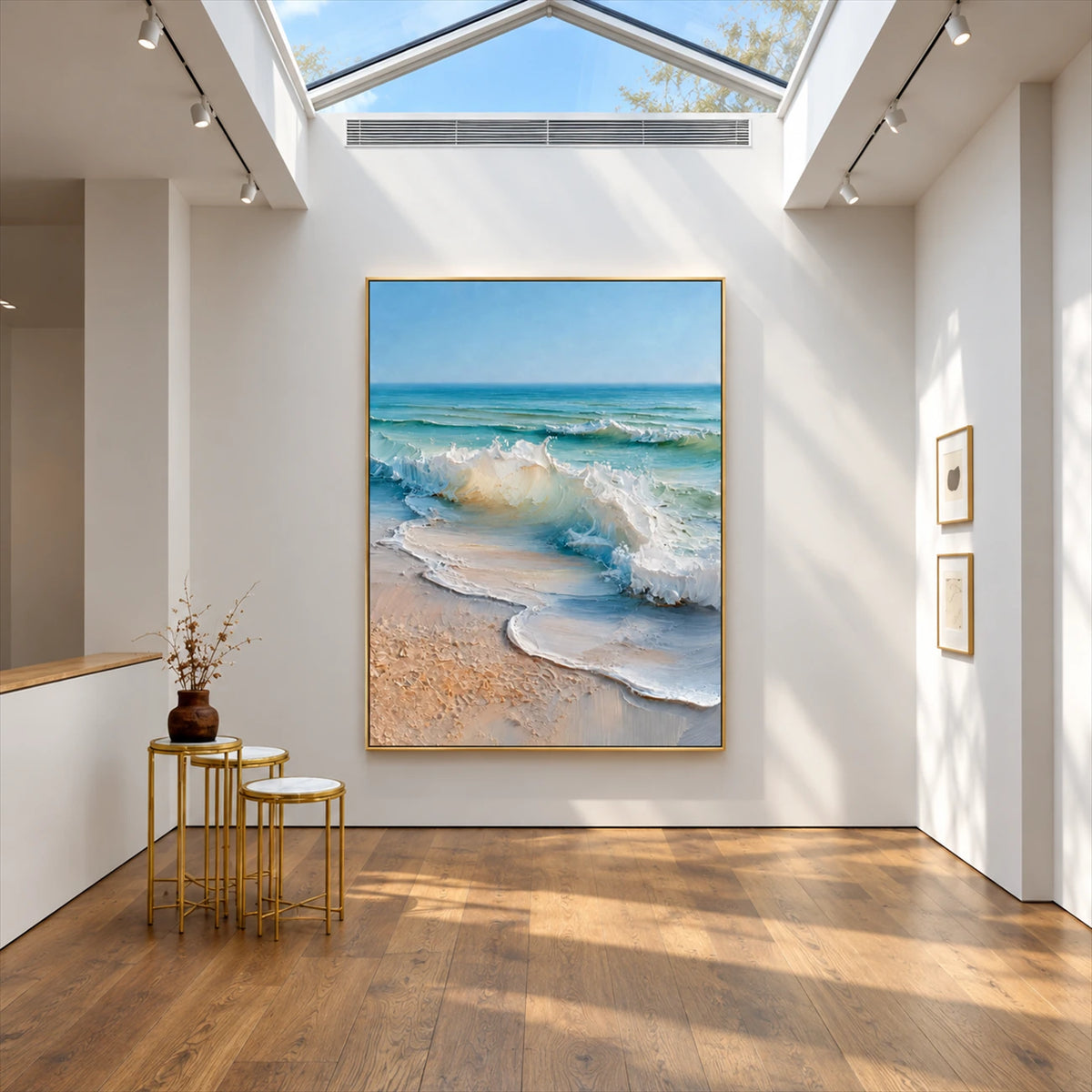 Sunwashed Breakers artwork displayed above a small console beneath a skylight.