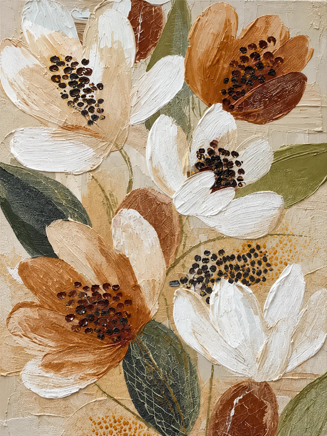 Ochre Petals full artwork. Ivory and warm ochre flowers open among broad olive leaves, their dark dotted centers standing out against a softly textured ground.