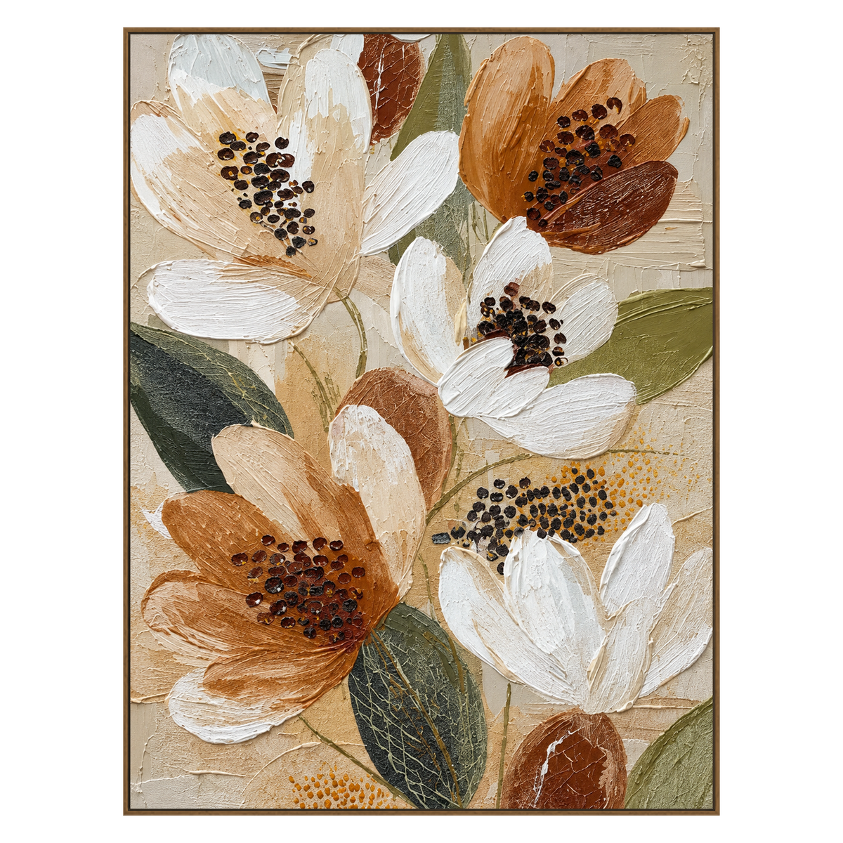 Ochre Petals artwork in a natural wood frame on a transparent background.