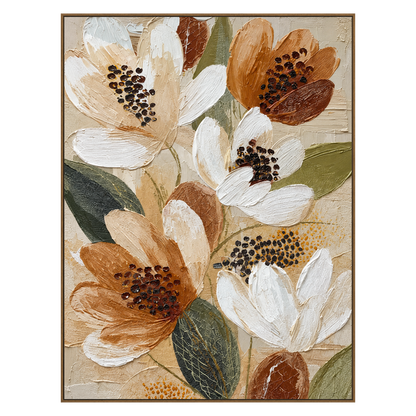 Ochre Petals artwork in a natural wood frame on a transparent background.
