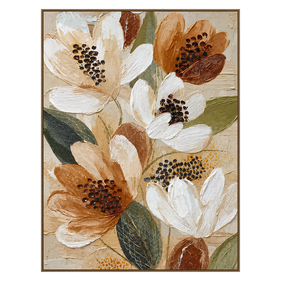 Ochre Petals artwork in a natural wood frame on a transparent background.