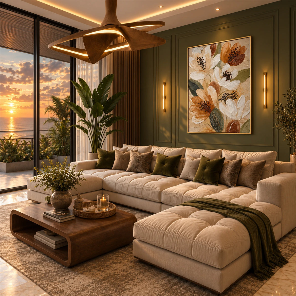 Ochre Petals artwork displayed above a cream sectional near sunset windows.