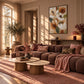 Ochre Petals artwork displayed above a mauve sofa near an arched window.