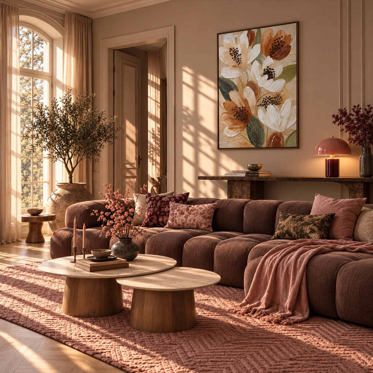 Ochre Petals artwork displayed above a mauve sofa near an arched window.