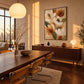 Ochre Petals artwork displayed above a wooden dining table.