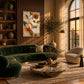 Ochre Petals artwork displayed above a deep green sofa.